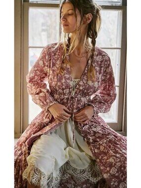 Free People Pappiet Cottagecore Floral Midi Button Front Dress Size Small Duster